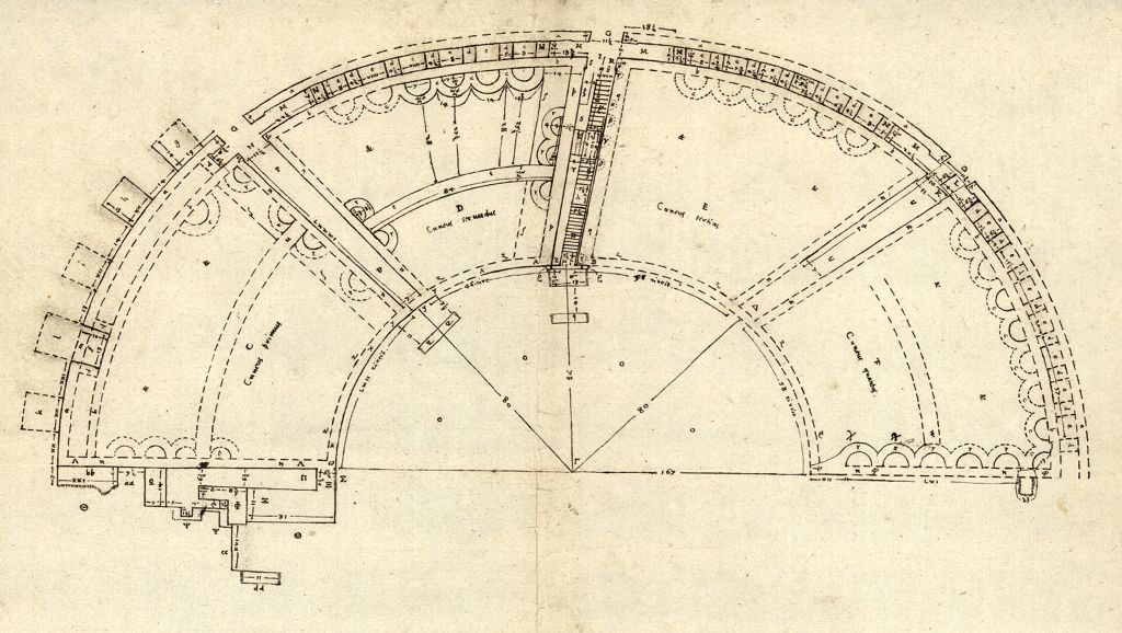 Ältester massstabgerechter Grundrissplan; Basilius Amerbach 1589 (Universitätsbibliothek Basel, Sign. O IV 11, Bl. 5v)..