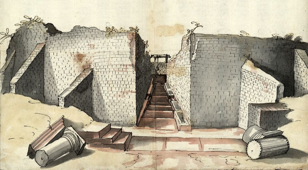 Aquarell mit Eingangskorridor (vomitorium); Hans Bock d. Ä. 1590 (Universitätsbibliothek Basel, Sign. O IV 11, Bl. 23a).