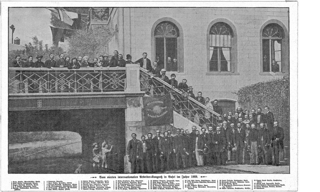 Bild vom vierten internationalen Arbeiterkongress in Basel im J. 1869 (genauer: 4. Kongress d. Internationalen Arbeiterassoziation) beim Café Spitz. Staatsarchiv Basel-Stadt, BILD 13, 938
