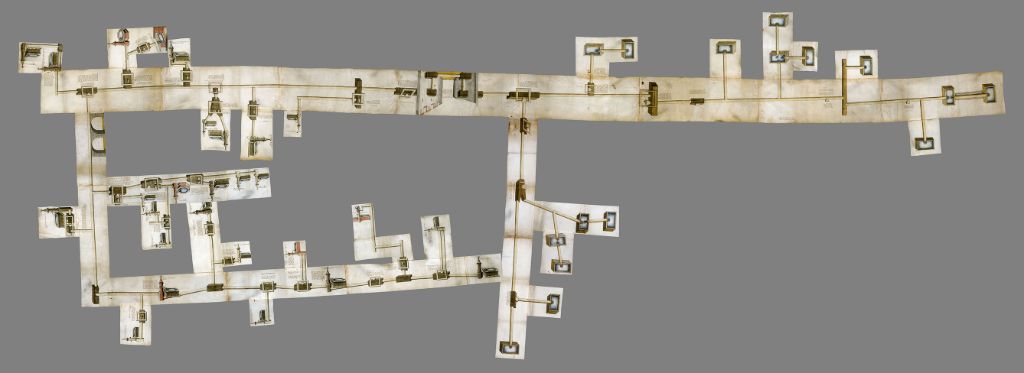 Der Brunnwerkplan zeigt das System der Brunnstuben vor der Stadt, die Unterquerung der Stadtmauer (obere Bildmitte) und das Leitungsnetz samt Laufbrunnen in der Stadt. Bild: Staatsarchiv Basel-Stadt.