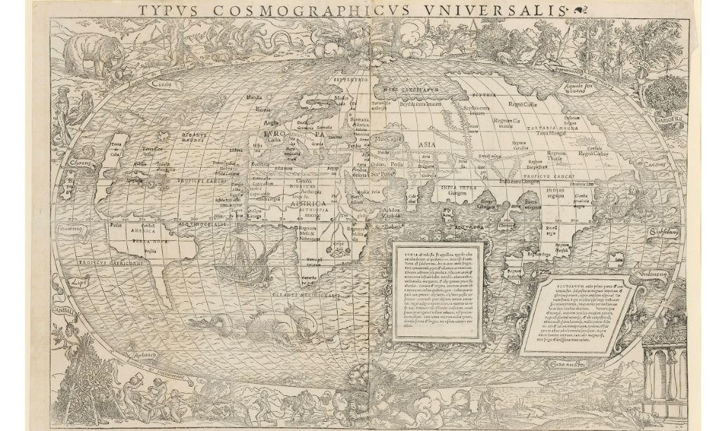 Typus cosmographicus universalis. Weltkarte mit Amerika, Europa, Afrika und Asien, 1537. Aus: Johannes Grynaeus: Novus orbis regionum ac insularum veteribus incognitarum, Basel, Johann Herwagen,