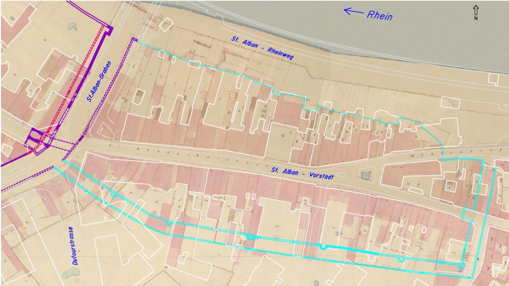 Plan der inneren St. Alban-Vorstadt. Falknerplan (farbig) mit aktueller Überbauung (weisse Linien) und rekonstruierter Vorstadt-Befestigung (hellblau) östlich der Inneren Stadtmauer (violett). Bild: Archäologische Bodenforschung Basel-Stadt.