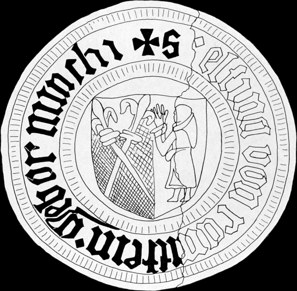 Ergänzte Umzeichnung des (halbierten) Siegelabdrucks der Elsina Ramstein gebor. Münch. Bild: Archäologische Bodenforschung Basel-Stadt.