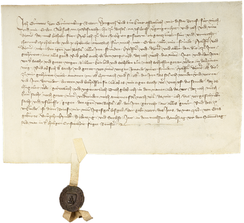 Die Urfehde-Urkunde bezeugt, dass der Verhaftete auf Rache verzichtet und den Frieden wahrt. Bild: Staatsarchiv Basel-Stadt.