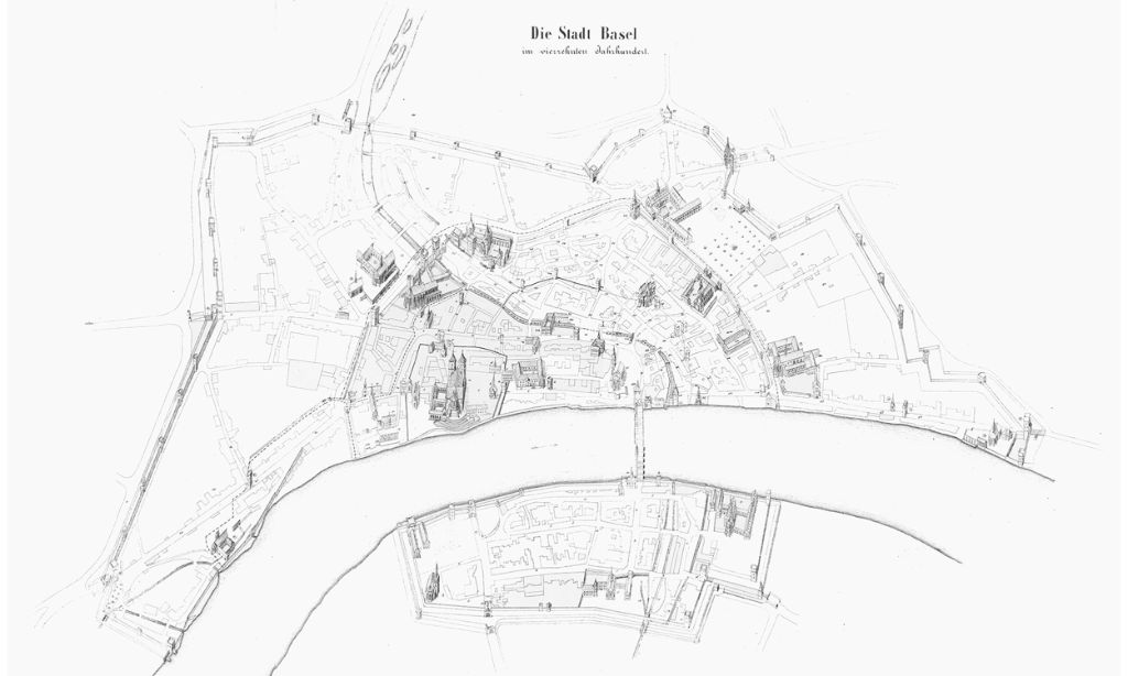 Plan der Stadt Basel im 14. Jahrhundert (Rekonstruktion) von Nordosten, [nach 1356], Staatsarchiv Basel-Stadt